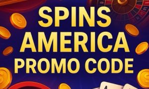 Bright, colorful casino-themed image featuring a slot machine, roulette wheel, playing cards, and gold coins with bold centered text reading “SPINS AMERICA PROMO CODE.”