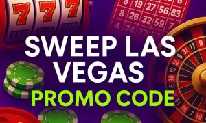Sweep Las Vegas promo code graphic with bold overlay text and colorful background featuring casino game icons in purple, red, and bright green tones.