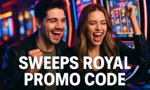 A young man and woman celebrate an exciting win at a bright casino slot machine, both smiling and cheering in front of colorful lights, with bold white text reading “SWEEPS ROYAL PROMO CODE.”