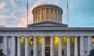 Yellow Lights Glow Inside The Ohio State Capitol Building