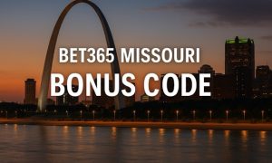 St. Louis skyline at dusk with the Gateway Arch and river in view, featuring white overlay text that reads “Bet365 Missouri Bonus Code.”