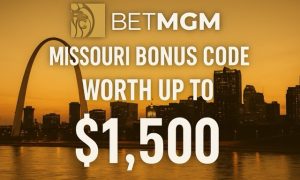 Golden-tinted image of the St. Louis skyline at sunset with the Gateway Arch and overlay text reading “BetMGM Missouri Bonus Code Worth Up To $1,500.”