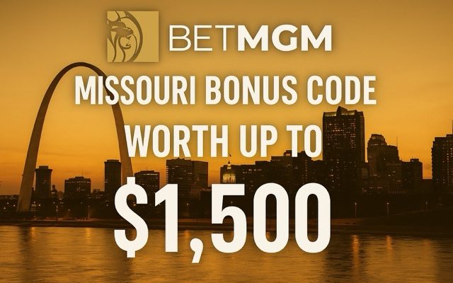 Golden-tinted image of the St. Louis skyline at sunset with the Gateway Arch and overlay text reading “BetMGM Missouri Bonus Code Worth Up To $1,500.”