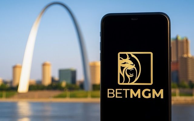BetMGM Sportsbook app displayed on a smartphone with the St. Louis Arch in the background.