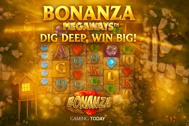 Bonanza Megaways slot banner with glowing gold title text, vibrant gem reels, and a mining background lit by warm sunlight.
