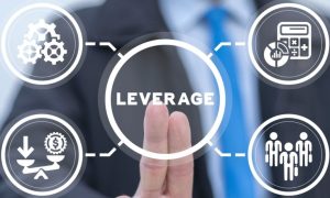 Digital Screen with Word "Leverage" in Center with Man in Suit Pointing to it
