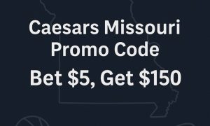 Caesars Missouri promo code graphic with the outline of Missouri on a dark navy background and white text reading “Caesars Missouri Promo Code Bet $5, Get $150.”