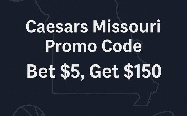 Caesars Missouri promo code graphic with the outline of Missouri on a dark navy background and white text reading “Caesars Missouri Promo Code Bet $5, Get $150.”