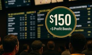 Sportsbook scene with a digital odds board, people watching games, and a green promo badge reading “$150 + 5 Profit Boosts.”