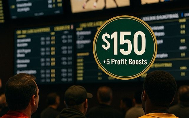 Sportsbook scene with a digital odds board, people watching games, and a green promo badge reading “$150 + 5 Profit Boosts.”