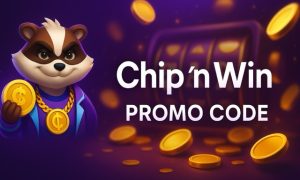 Chip ’n Win Promo Code featured image with purple and gold casino theme, glowing slot reels, gold coins, and bold white overlay text reading “Chip ’n Win Promo Code.”