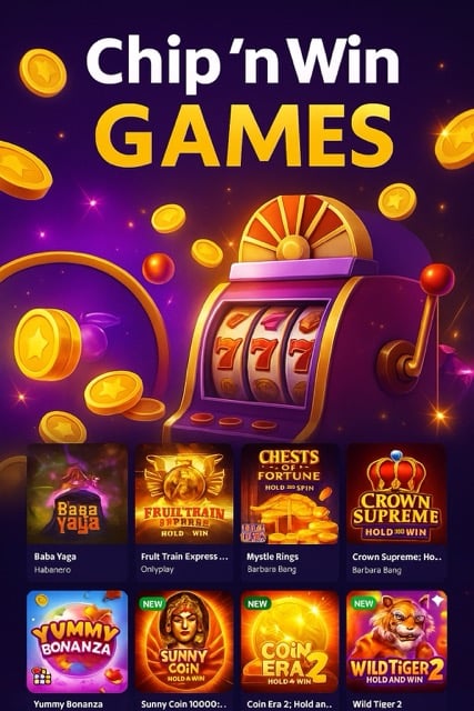 Vertical promotional banner for Chip ’n Win showing colorful slot game icons and glowing gold coin effects with the text “Top Games at Chip ’n Win” in bold, illuminated lettering.