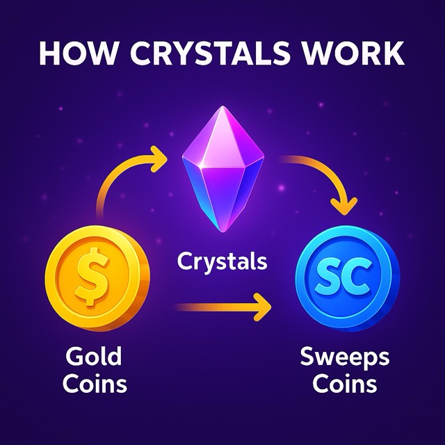 Flat-style infographic titled “How Crystals Work” showing glowing icons for Crystals, Gold Coins, and Sweeps Coins connected by arrows illustrating the Chip ’n Win rewards cycle.