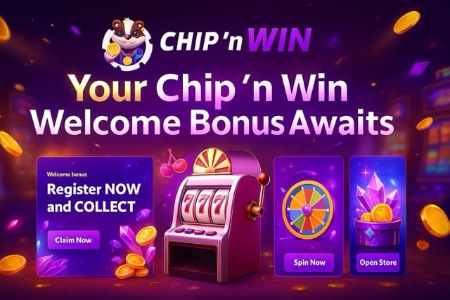 Chip ’n Win Welcome Bonus banner with glowing slot reels, floating gold coins, and bright purple and gold lighting effects behind bold overlay text reading “Your Chip ’n Win Welcome Bonus Awaits.”