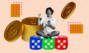 Woman Holding Cell Phone Sits Atop Dice In Front of Gold Coins