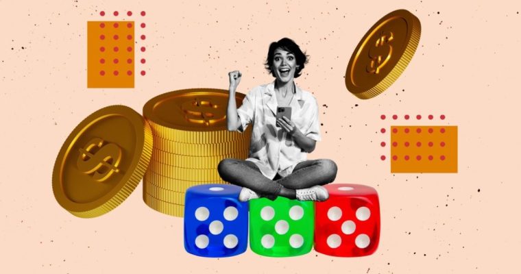 Woman Holding Cell Phone Sits Atop Dice In Front of Gold Coins