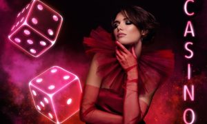 Two Dice, "Casino" Text and Pretty Woman In Red Collage Image