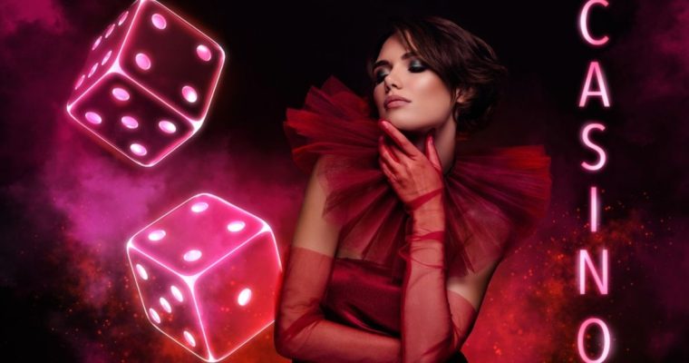 Two Dice, "Casino" Text and Pretty Woman In Red Collage Image