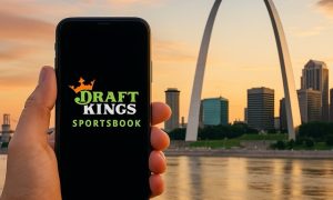 Kansas City skyline at dusk with subtle DraftKings green and black branding elements representing the Missouri sportsbook launch.