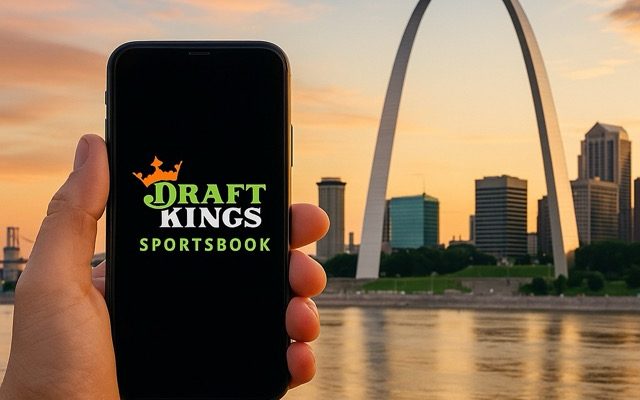 Kansas City skyline at dusk with subtle DraftKings green and black branding elements representing the Missouri sportsbook launch.