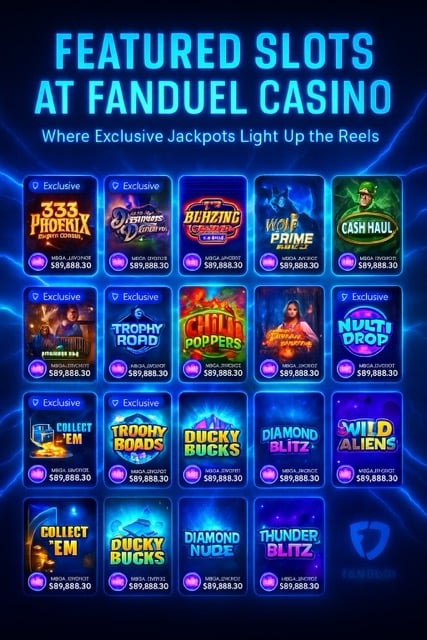 Featured FanDuel Casino slots banner with glowing blue title text and grid of exclusive slot games beneath.