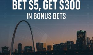 St. Louis skyline at dusk with the Gateway Arch and overlay text promoting FanDuel Missouri’s Bet $5, Get $300 offer.