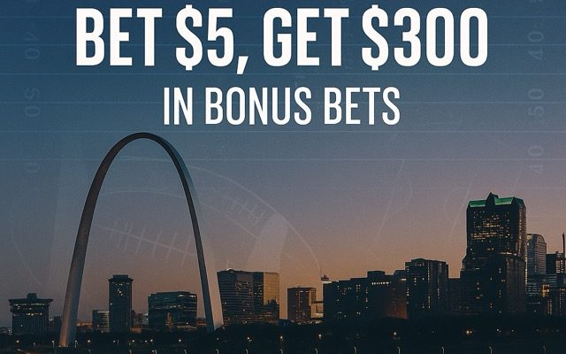 St. Louis skyline at dusk with the Gateway Arch and overlay text promoting FanDuel Missouri’s Bet $5, Get $300 offer.