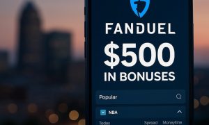 A smartphone displaying a FanDuel sports betting screen with “$500 in bonuses” shown prominently, set against a blurred Missouri city skyline at dusk.
