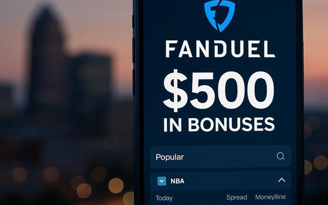 A smartphone displaying a FanDuel sports betting screen with “$500 in bonuses” shown prominently, set against a blurred Missouri city skyline at dusk.