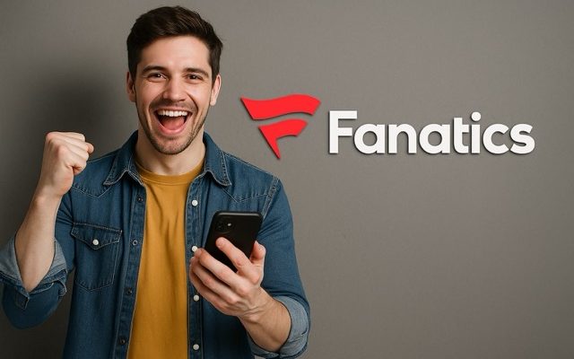 Man smiling while holding a smartphone in front of a large Fanatics Sportsbook logo on a clean, light background.