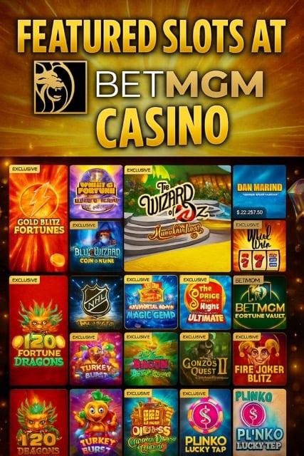Featured BetMGM Casino slots grid with bold gold title banner reading “Featured Slots at BetMGM Casino.”