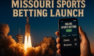Missouri sports betting launch graphic with a dramatic rocket liftoff at dusk and a hand holding a smartphone showing a live Chiefs vs Broncos betting screen.