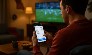 A man sitting in a dimly lit living room watches a football game on TV while holding a smartphone displaying a generic live betting screen.