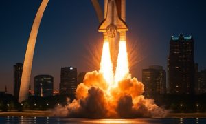A space shuttle launches beside the St. Louis Gateway Arch at night, with flames and smoke reflected on the Mississippi River.