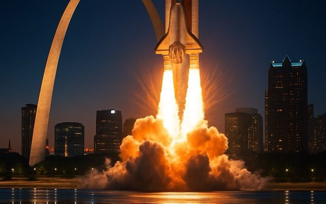 A space shuttle launches beside the St. Louis Gateway Arch at night, with flames and smoke reflected on the Mississippi River.