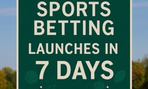 Green Missouri highway-style sign reading “Sports Betting Launches in 7 Days,” standing beside a rural road with trees and a blue sky in the background.