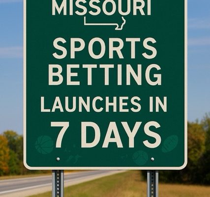 Green Missouri highway-style sign reading “Sports Betting Launches in 7 Days,” standing beside a rural road with trees and a blue sky in the background.
