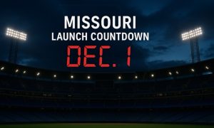Wide-angle view of a stadium at dusk with bright floodlights and a large digital-style red “DEC. 1” countdown beneath the text “MISSOURI LAUNCH COUNTDOWN,” with a prominent Missouri state outline in the sky.