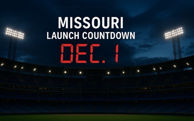 Wide-angle view of a stadium at dusk with bright floodlights and a large digital-style red “DEC. 1” countdown beneath the text “MISSOURI LAUNCH COUNTDOWN,” with a prominent Missouri state outline in the sky.