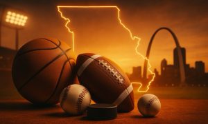Hyper-realistic image of the St. Louis skyline at dusk with the Gateway Arch, a glowing Missouri outline in the sky, and sports equipment including a football, basketball, baseball, and hockey puck arranged in the foreground on a dark reflective surface.