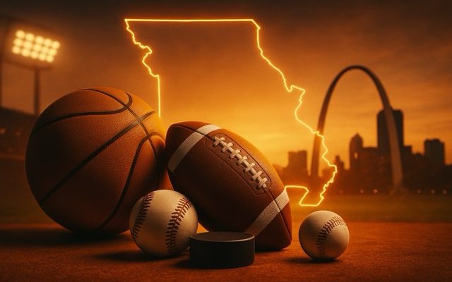 Hyper-realistic image of the St. Louis skyline at dusk with the Gateway Arch, a glowing Missouri outline in the sky, and sports equipment including a football, basketball, baseball, and hockey puck arranged in the foreground on a dark reflective surface.