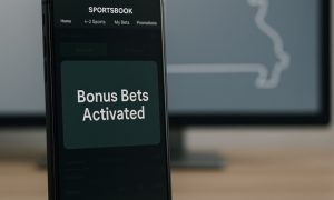 Smartphone on a wooden desk showing a sportsbook notification reading “Bonus Bets Activated,” with a blurred Missouri outline displayed on a monitor in the background.