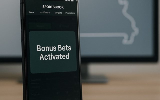 Smartphone on a wooden desk showing a sportsbook notification reading “Bonus Bets Activated,” with a blurred Missouri outline displayed on a monitor in the background.