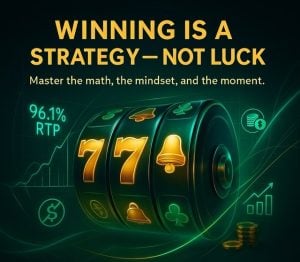 Strategy and Pro Tips slot banner showing a glowing slot reel with golden symbols, data overlays, and bold gold headline text.