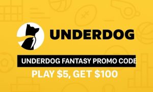 Underdog Fantasy promo image with yellow background, black logo, and bold text reading “Underdog Fantasy Promo Code – Play $5, Get $100.”