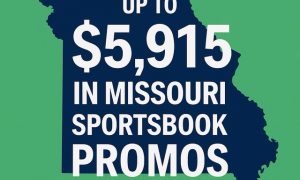 Realistic promotional image featuring a smartphone displaying multiple sportsbook-style interfaces against a dark blue background, with an outline of Missouri and the text “Up to $5,915 in Missouri Sportsbook Promos” in a bold yellow badge.