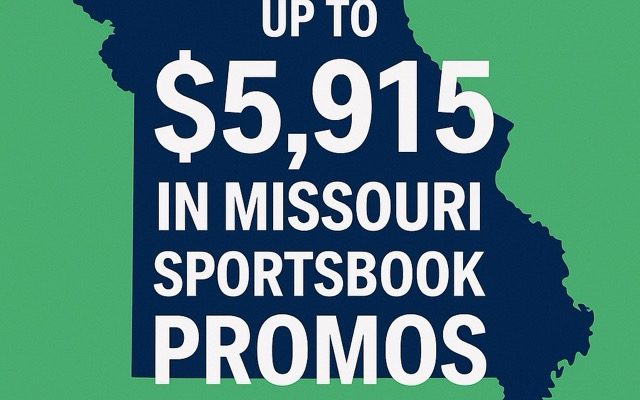 Realistic promotional image featuring a smartphone displaying multiple sportsbook-style interfaces against a dark blue background, with an outline of Missouri and the text “Up to $5,915 in Missouri Sportsbook Promos” in a bold yellow badge.
