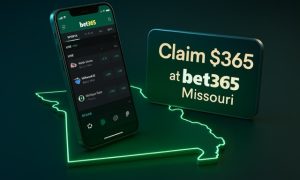 Slightly horizontal digital graphic featuring a smartphone displaying the bet365 app above a glowing outline of Missouri, with a sign reading “Claim $365 at bet365 Missouri.”