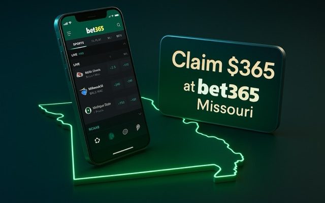 Slightly horizontal digital graphic featuring a smartphone displaying the bet365 app above a glowing outline of Missouri, with a sign reading “Claim $365 at bet365 Missouri.”