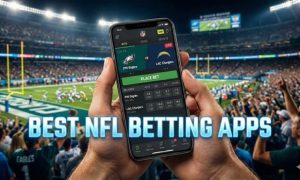 A first-person perspective of hands holding a smartphone displaying live NFL betting odds for a Philadelphia Eagles vs. Los Angeles Chargers game, set against a blurred stadium background. The text "Best NFL Betting Apps" is overlaid at the bottom.